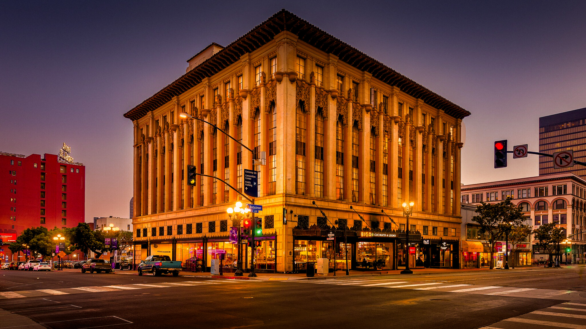 Historic downtown buildings at golden hour