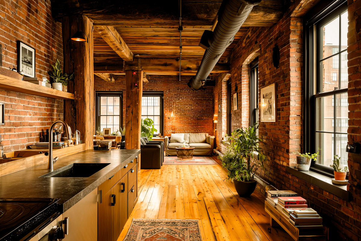 Renovated loft interior with exposed brick walls, timber beams, and warm wood floors